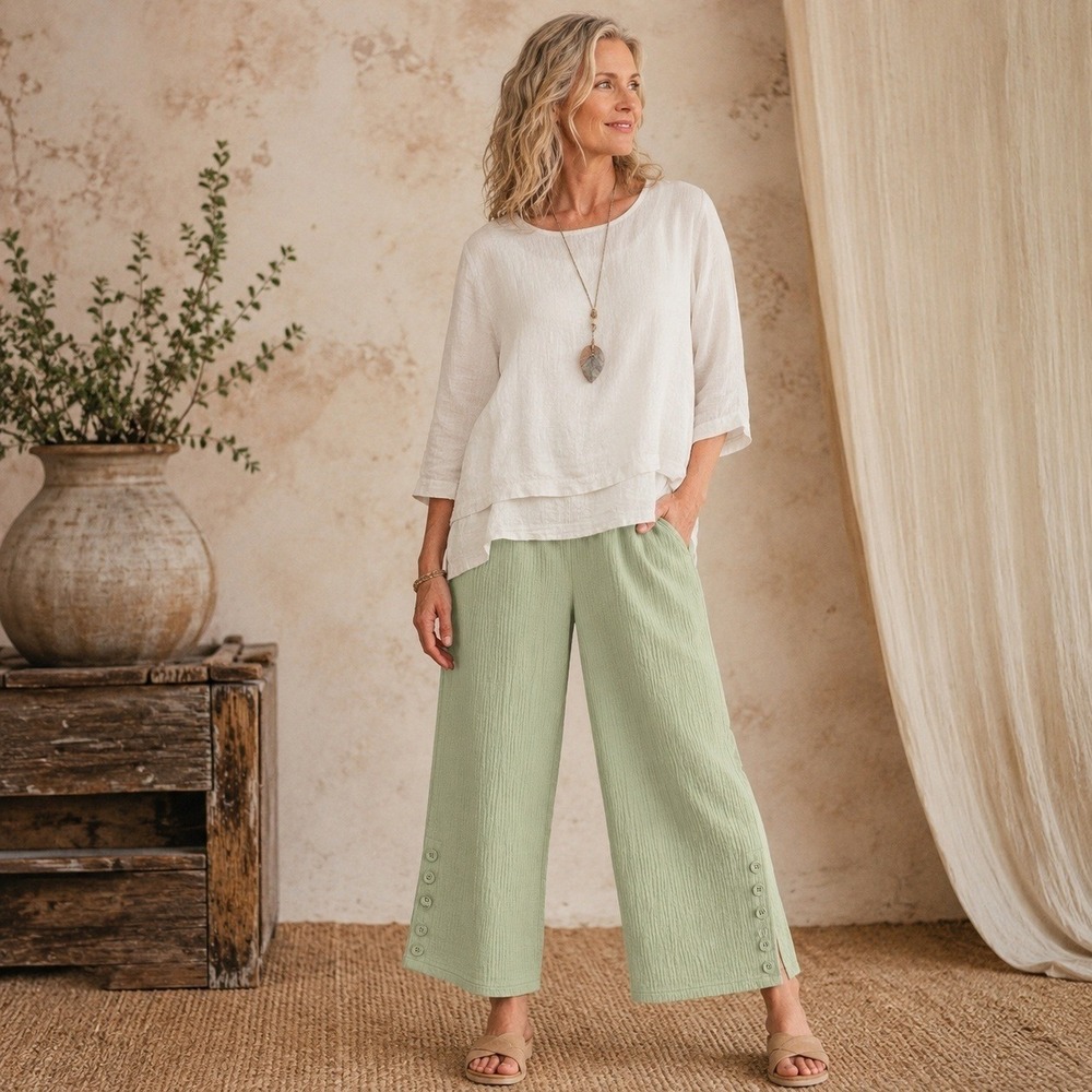 Soft Surroundings Crop Pants PL Green Ramie Rayon Pull On Coastal Cottage Boho